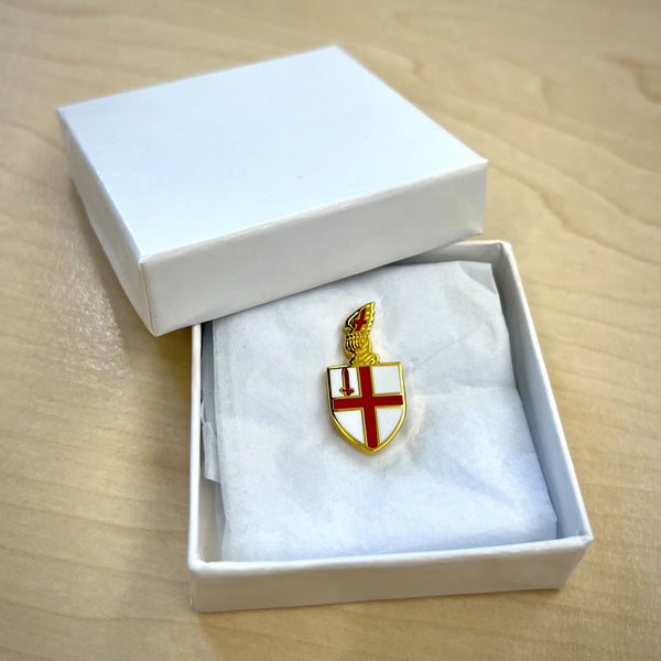 City of London shield lapel pin in white presentation box